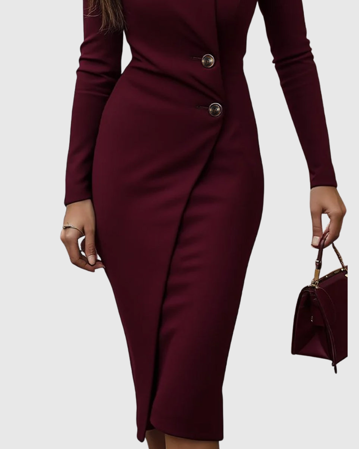 Chic women's burgundy midi dress with a flattering wrap front and stylish button details for evening wear.