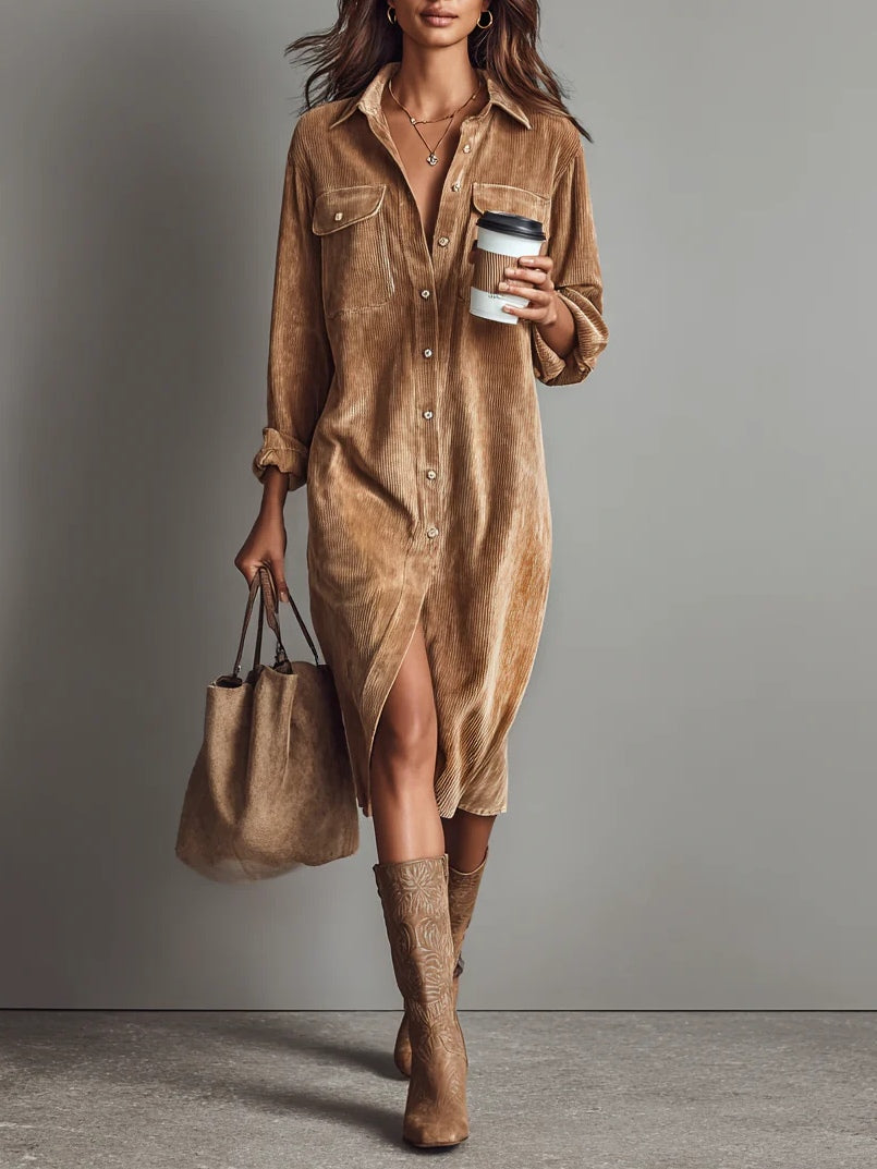 Women's button-down long sleeve midi shirt dress with dual pockets for versatile everyday fall fashion.