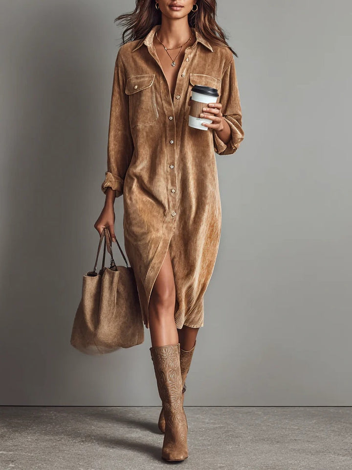 Women's button-down long sleeve midi shirt dress with dual pockets for versatile everyday fall fashion.