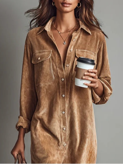 Stylish women's long sleeve button-down midi dress, a comfortable and elegant piece for fall fashion.