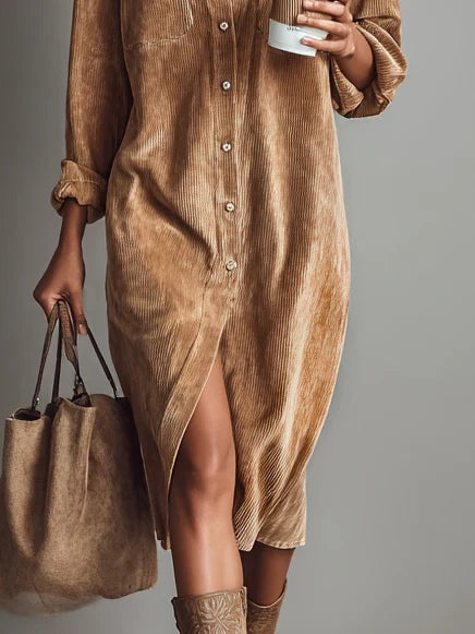 Effortless women's casual long sleeve shirt dress featuring a button-down design & dual pockets.