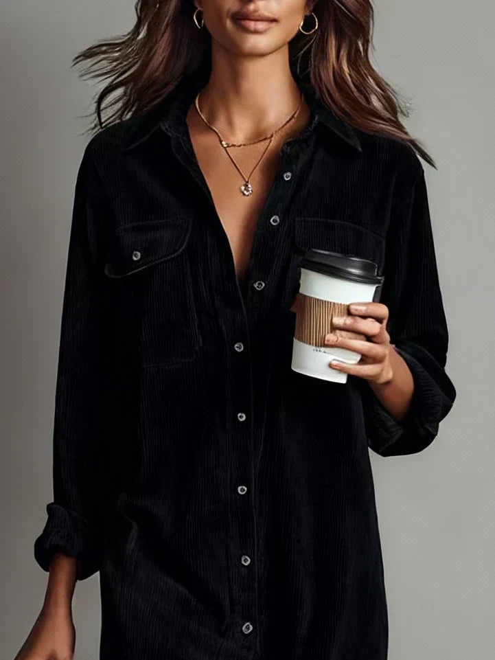 Women's long sleeve button-down shirt dress, a chic midi length piece for casual and versatile styling.