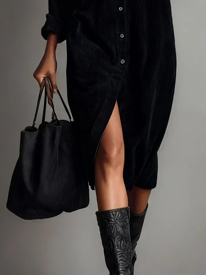 Versatile women's button-down long sleeve shirt dress, perfect for fall layering & winter fashion.