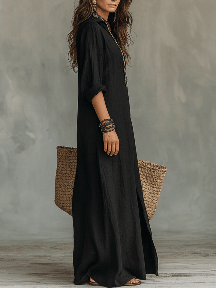 Chic women's boho maxi dress with button-front. Perfect for versatile spring & summer fashion.