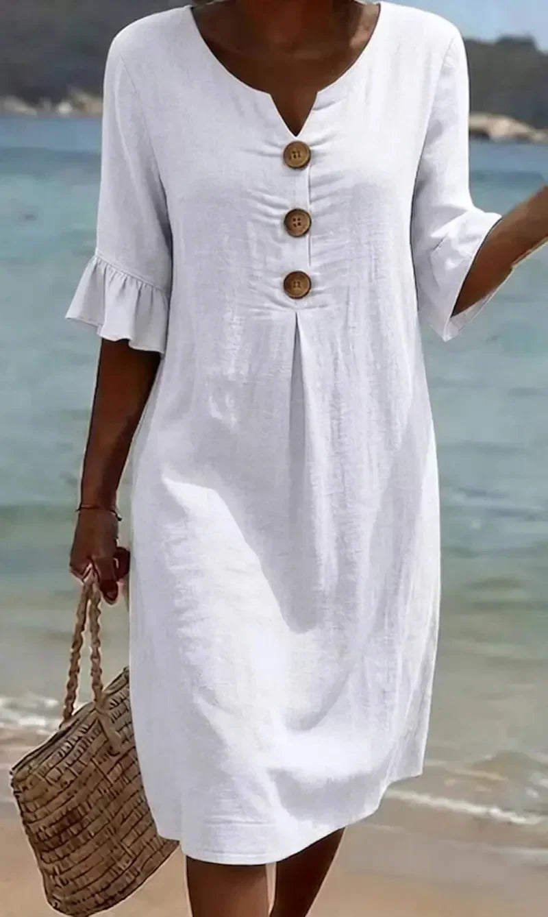 Women's button-front casual midi dress with ruffle sleeves, perfect for summer everyday wear.