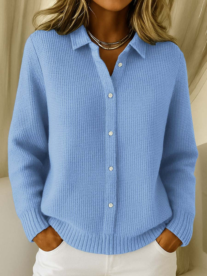 Women's button-front collared sweater. Long sleeve, versatile top for elegant casual wear & fall fashion.