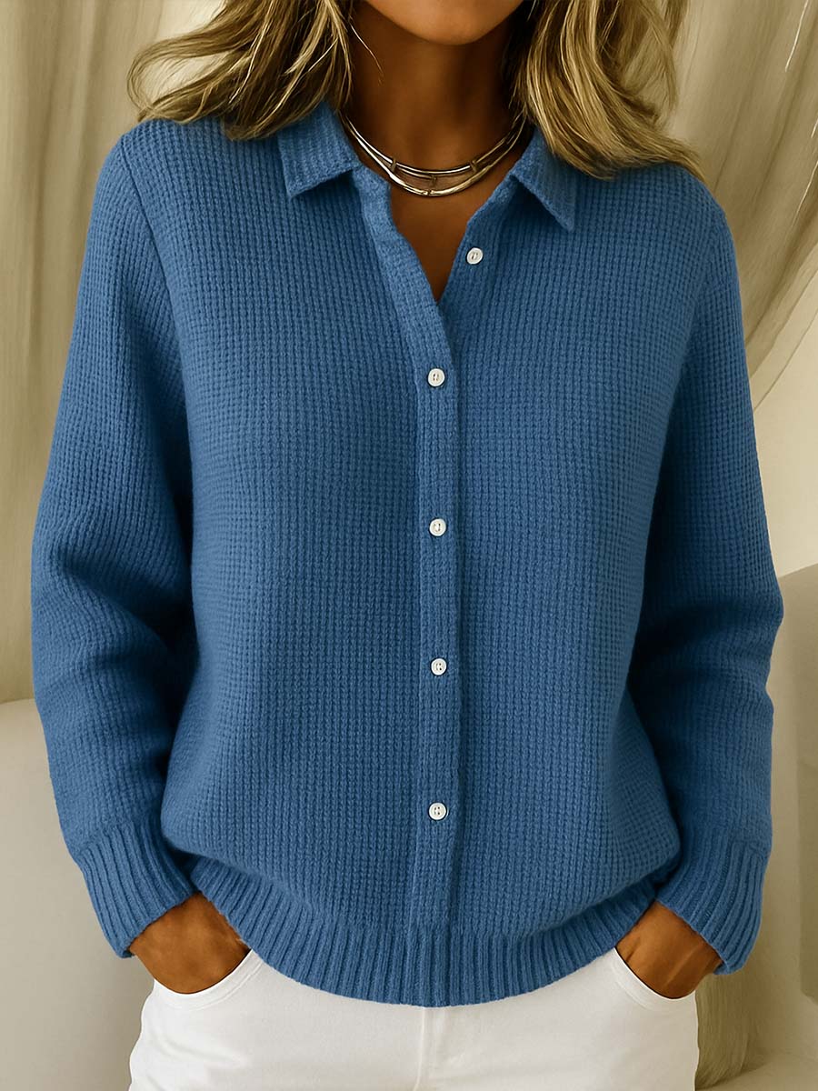 Stylish women's collared sweater with button front. Long sleeve, perfect layering piece for fall & winter.
