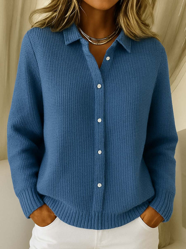 Stylish women's collared sweater with button front. Long sleeve, perfect layering piece for fall & winter.