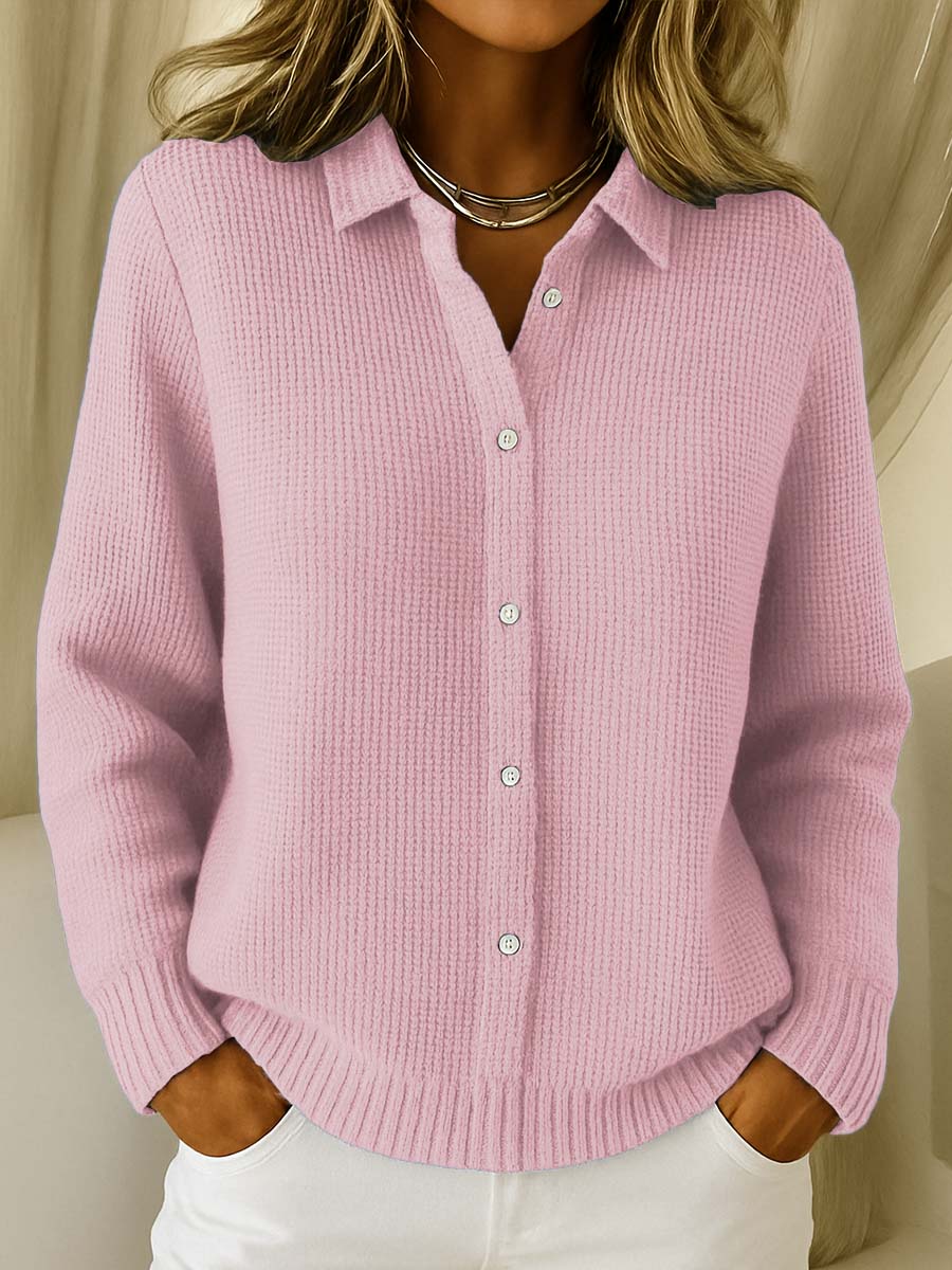 Effortless women's long sleeve button-front collared sweater. Comfortable and chic for versatile autumn wear.