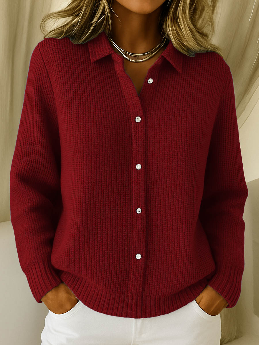 Elegant women's button-front collared sweater. Long sleeve casual top, essential for fall & winter outfits.