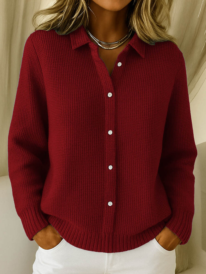 Elegant women's button-front collared sweater. Long sleeve casual top, essential for fall & winter outfits.