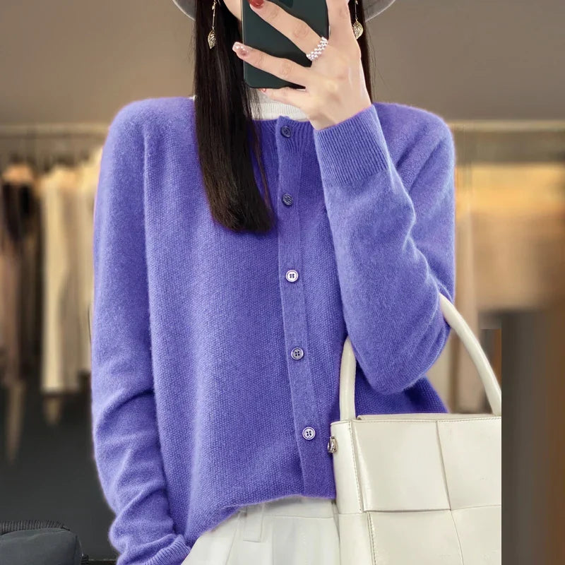 Women's button front knit cardigan. Cozy long sleeve sweater for stylish layering.