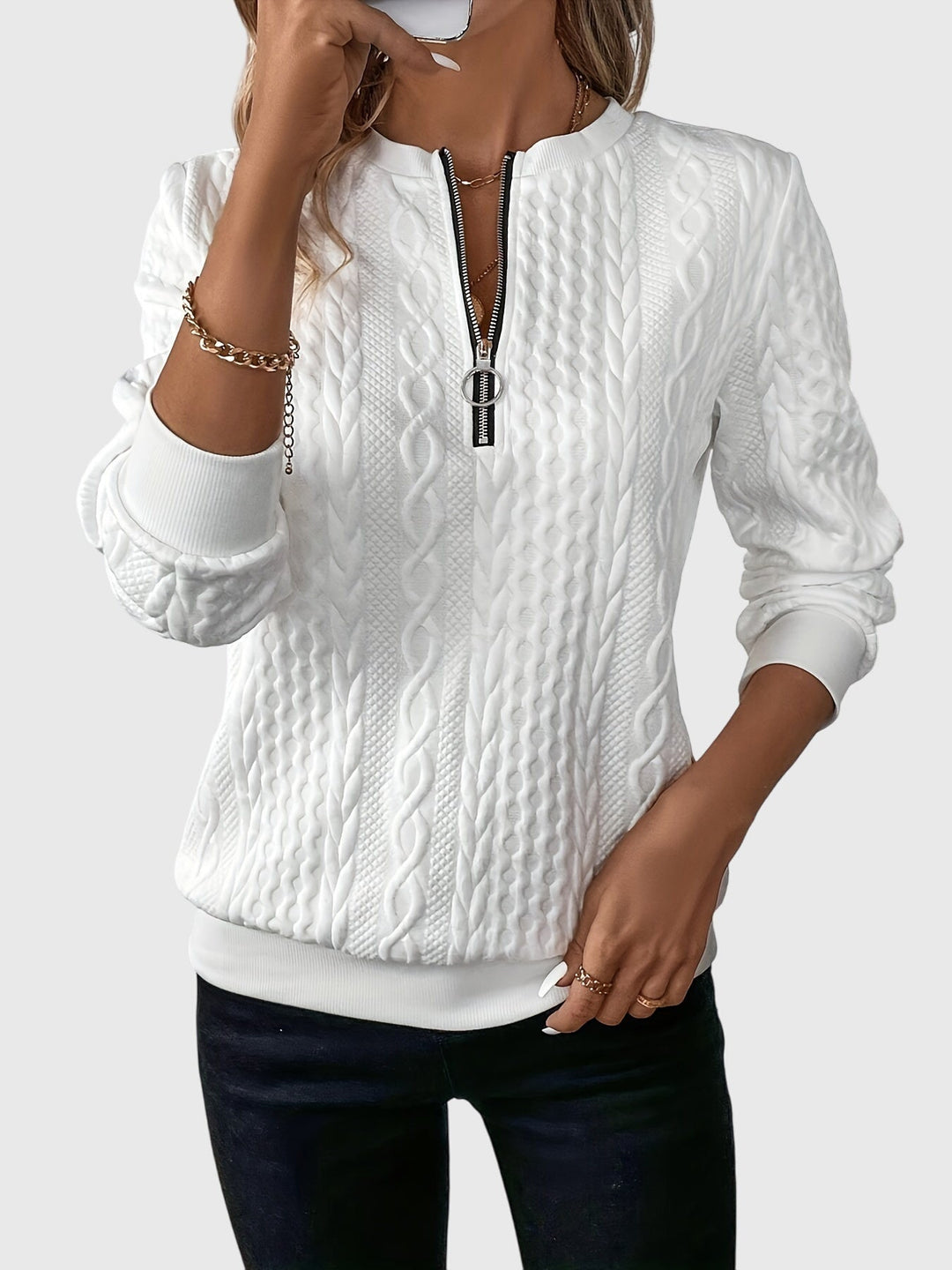 Women's cable knit quarter-zip sweater for effortless style, a chic fall fashion pullover.