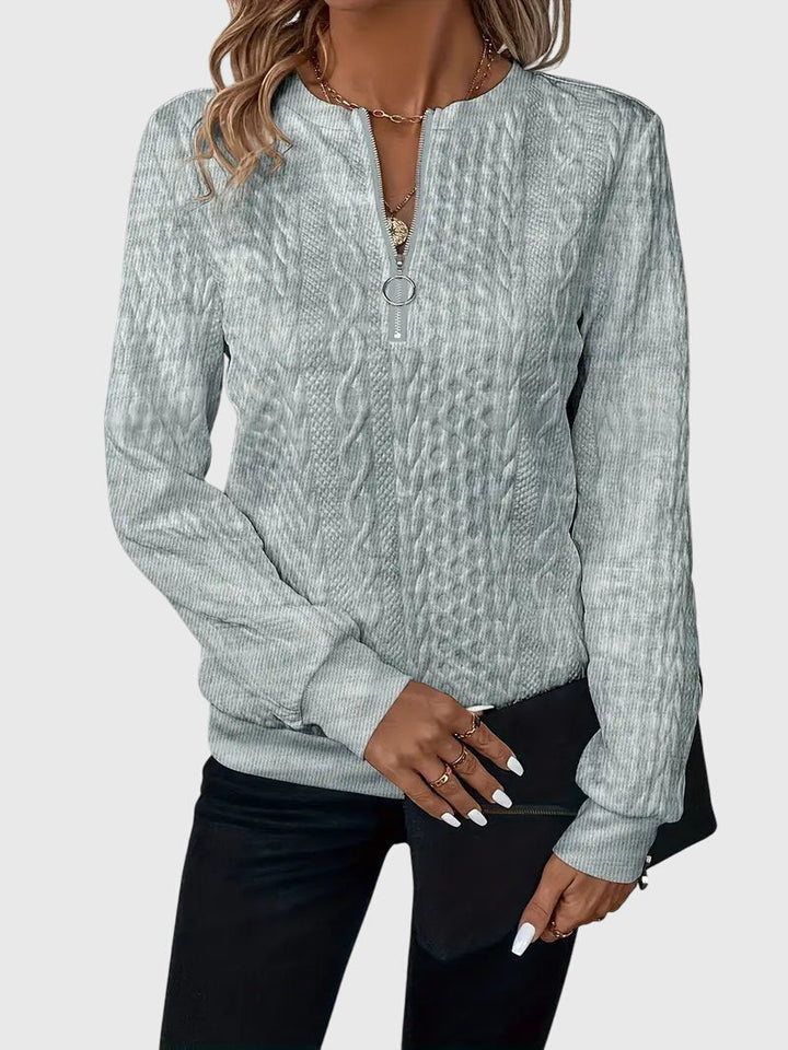 Everyday style women's cable knit quarter-zip sweater, a cozy layering piece for comfort.