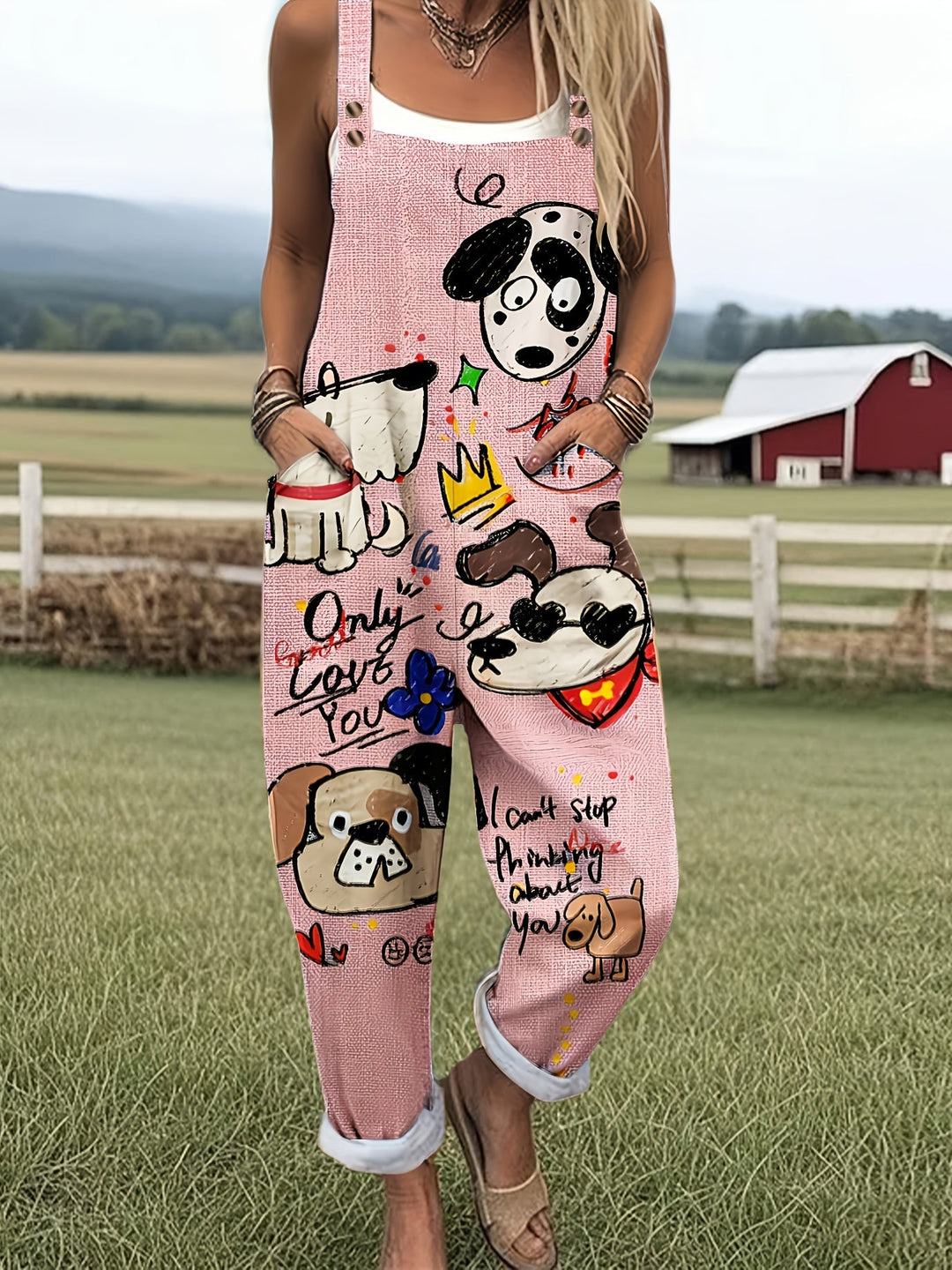 Women's cartoon dog print casual jumpsuit with adjustable straps, relaxed fit for summer.