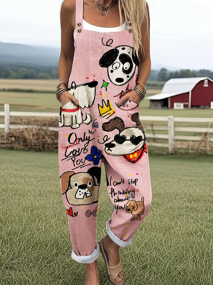 Women's cartoon dog print casual jumpsuit with adjustable straps, relaxed fit for summer.
