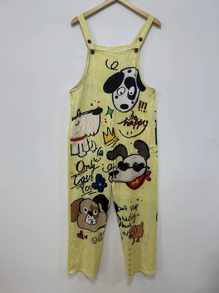 Summer-ready women's dog print jumpsuit, adjustable straps, relaxed wide leg fit.