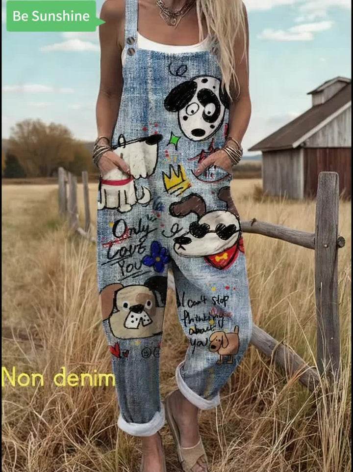 Playful women's casual jumpsuit with cartoon dog print, features comfy wide legs.