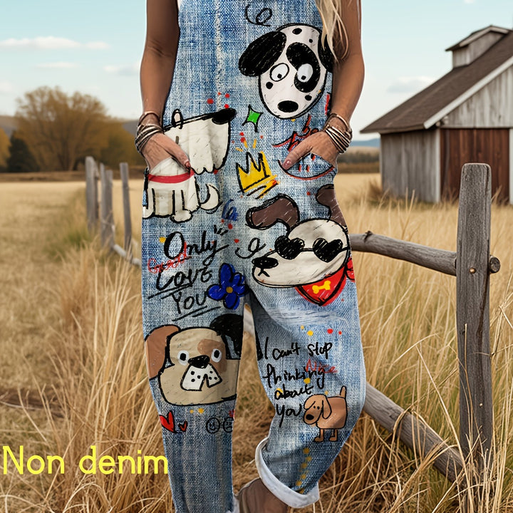 Women's relaxed fit jumpsuit, adjustable straps, and a cute dog print for summer.