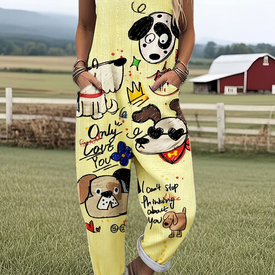 Cartoon dog print women's pocket jumpsuit, casual and playful with adjustable straps.