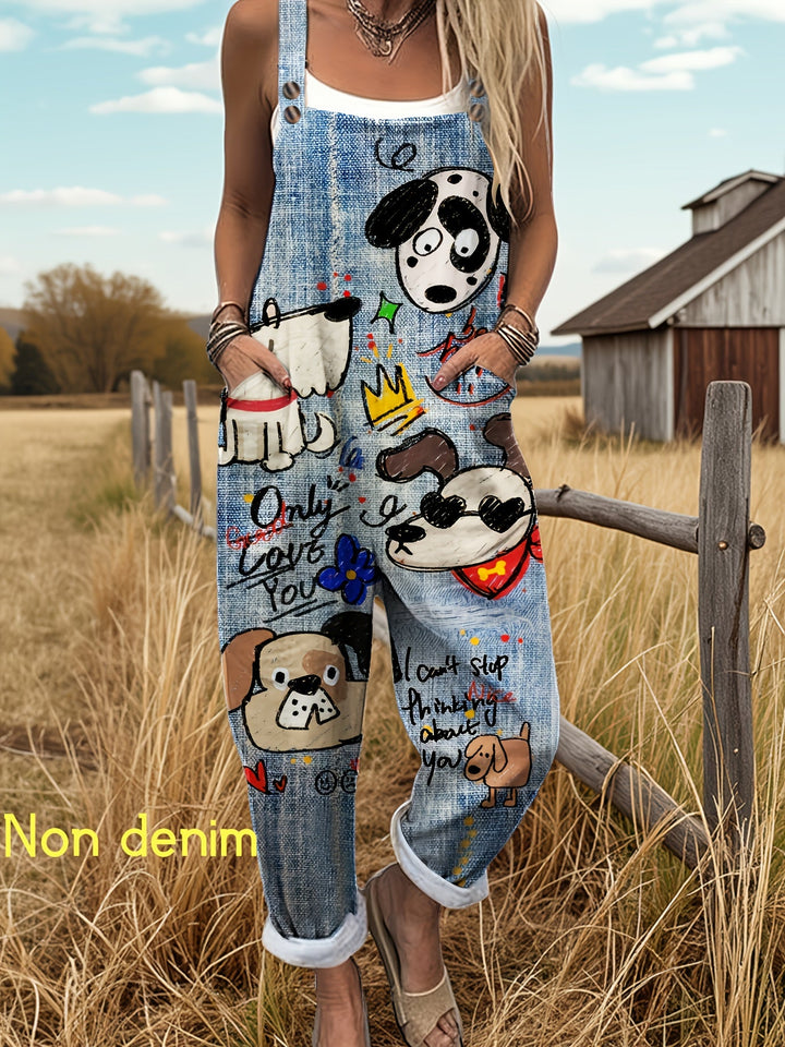 Casual women's dungaree style jumpsuit featuring cute cartoon dogs & pockets.