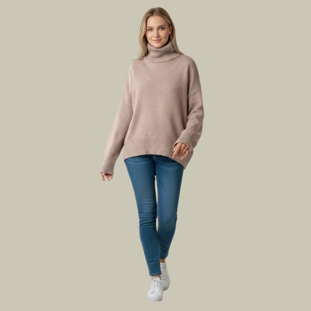 Model wearing a stylish women's relaxed fit turtleneck sweater, showcasing its cozy and modern look