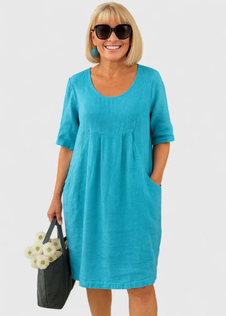 Versatile women's A-line midi summer dress, perfect for casual everyday wear, featuring a scoop neck and half sleeves.