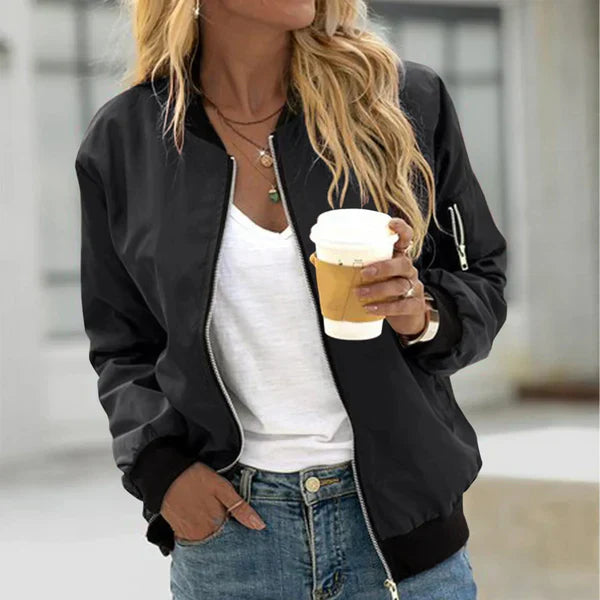 Women's casual black zip-up bomber jacket with ribbed cuffs & collar, perfect for spring/fall outerwear and everyday wear