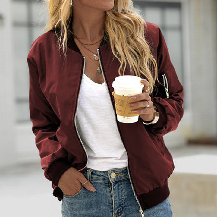 Stylish women's lightweight bomber jacket, full-zip design for casual fashion, ideal for transitional weather and versatile layering