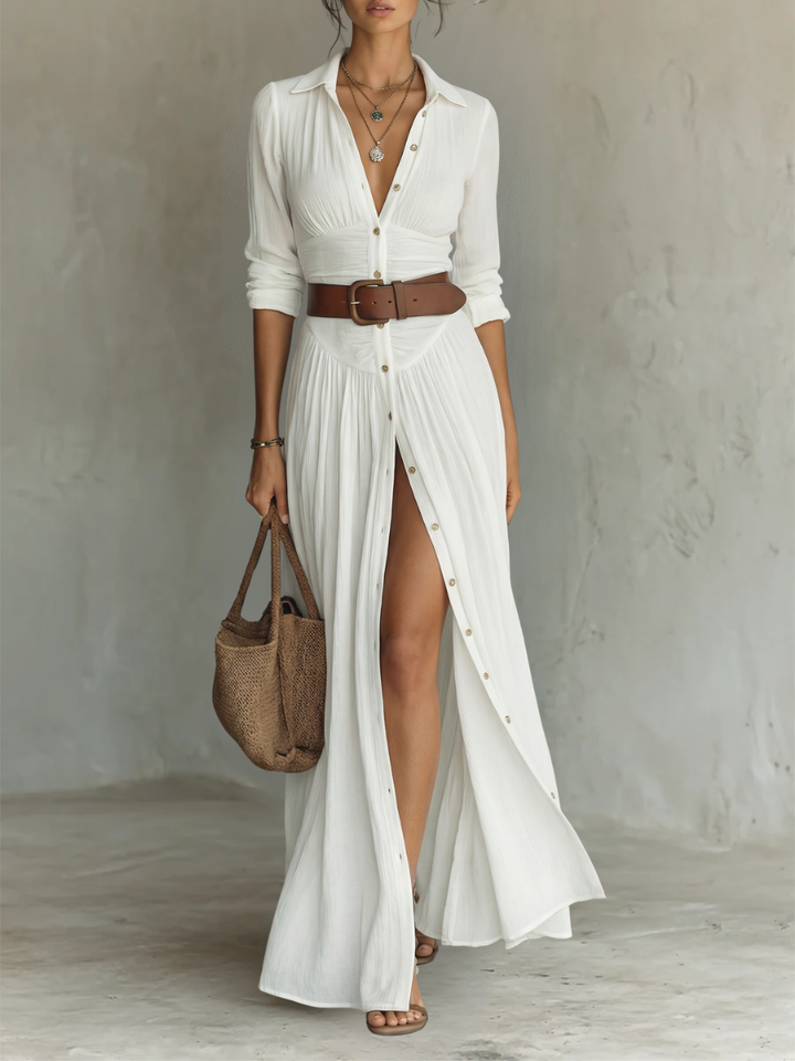 Women's casual boho maxi shirt dress, belted waist, flowing fabric. Ideal for summer beach wear.