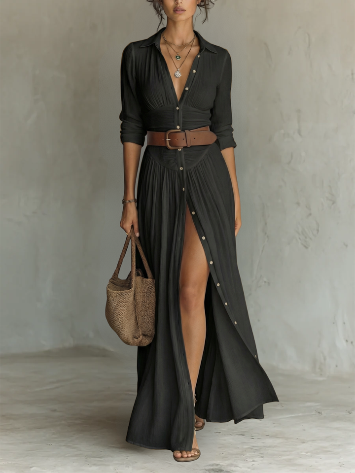 Comfortable women's boho maxi dress with belted waist & collar. Casual yet chic for summer days & beach.