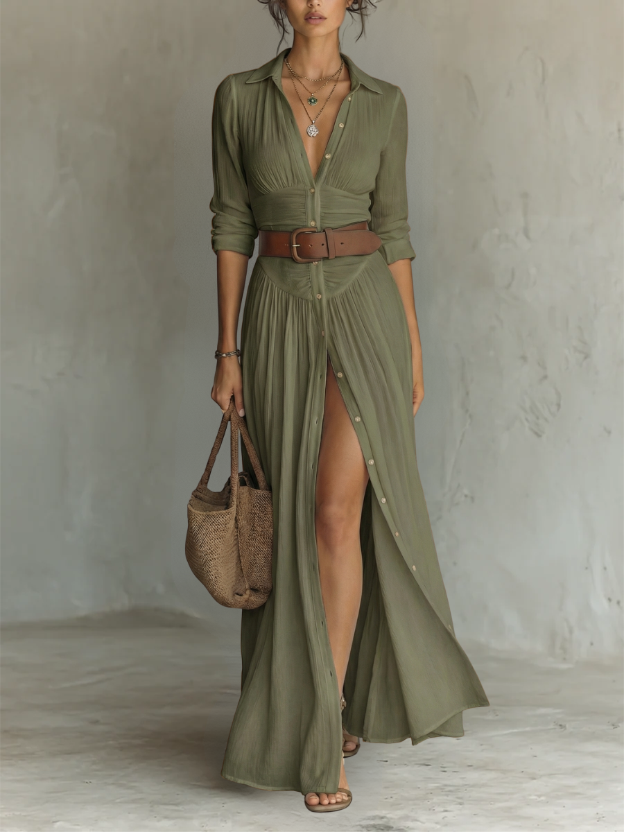 Long women's casual boho shirt dress with a stylish belted waist. Perfect for summer and beach outings.