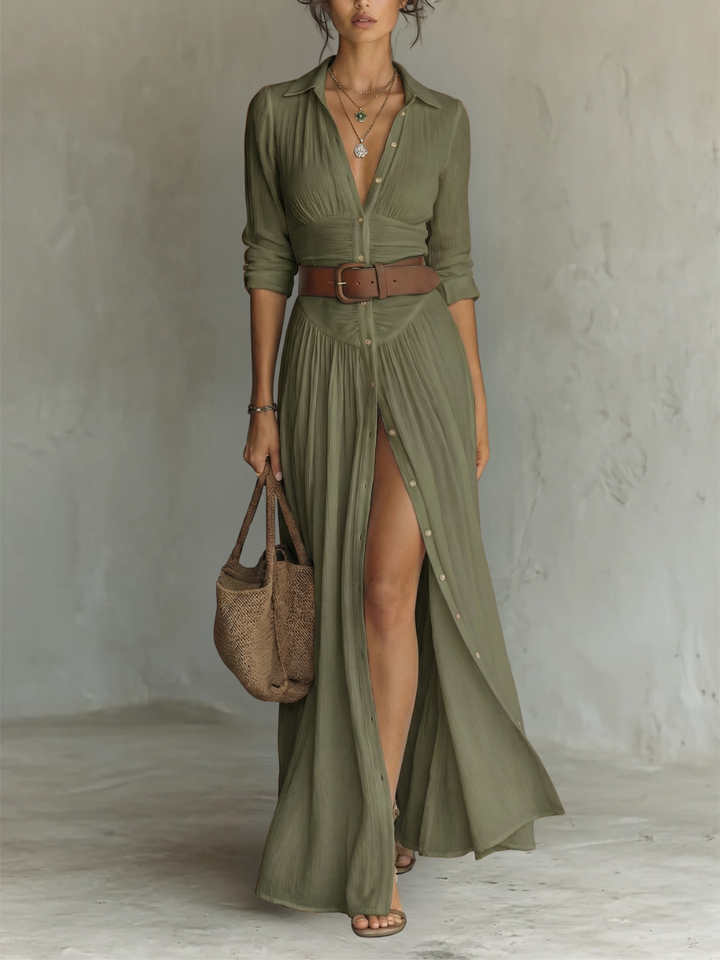 Long women's casual boho shirt dress with a stylish belted waist. Perfect for summer and beach outings.