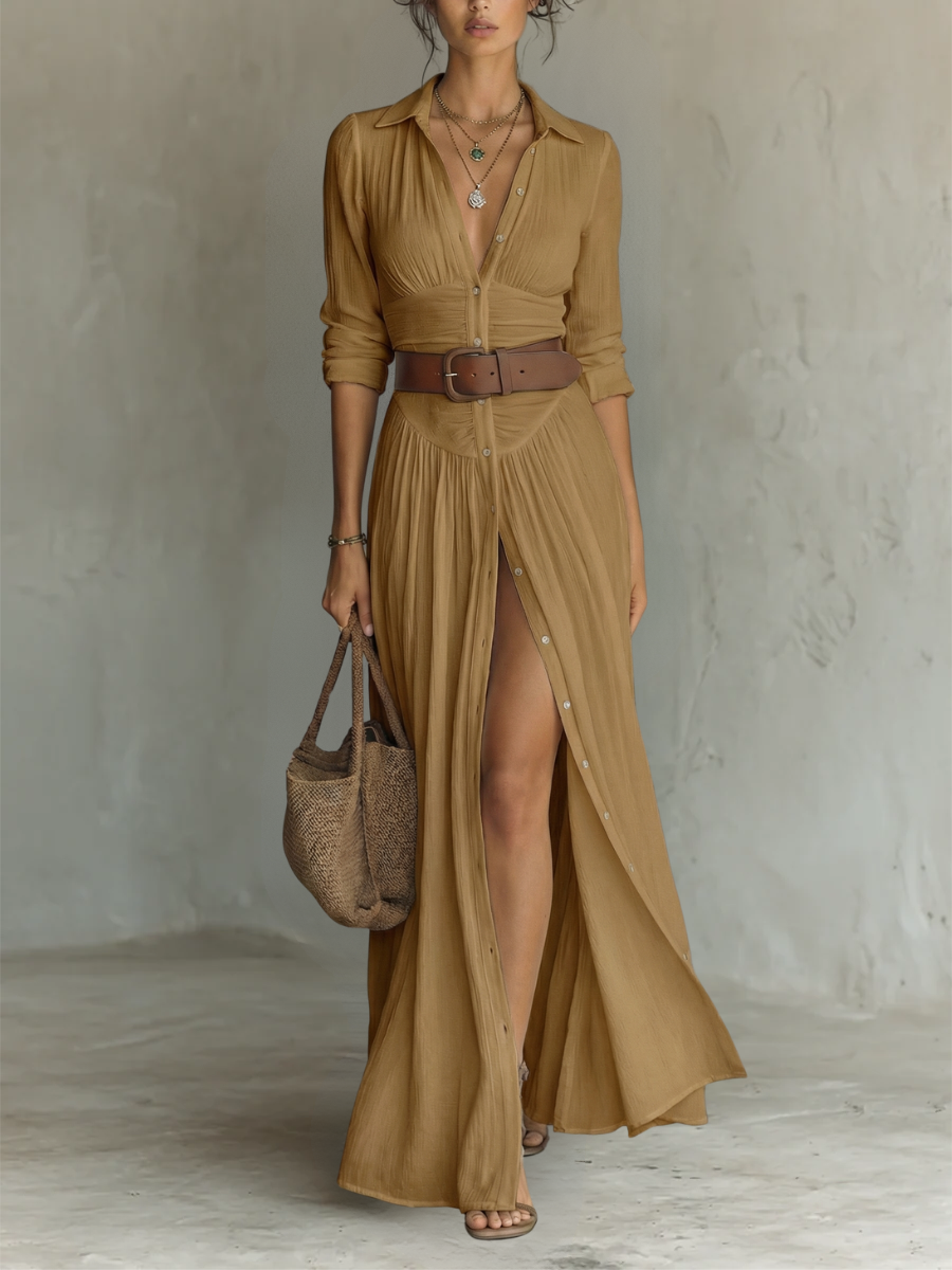 Elegant women's maxi shirt dress in boho style with a flattering belted waist. Versatile casual summer outfit.