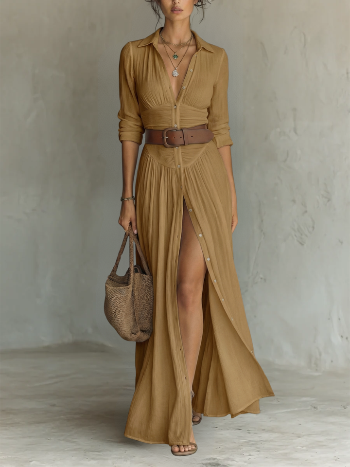 Elegant women's maxi shirt dress in boho style with a flattering belted waist. Versatile casual summer outfit.