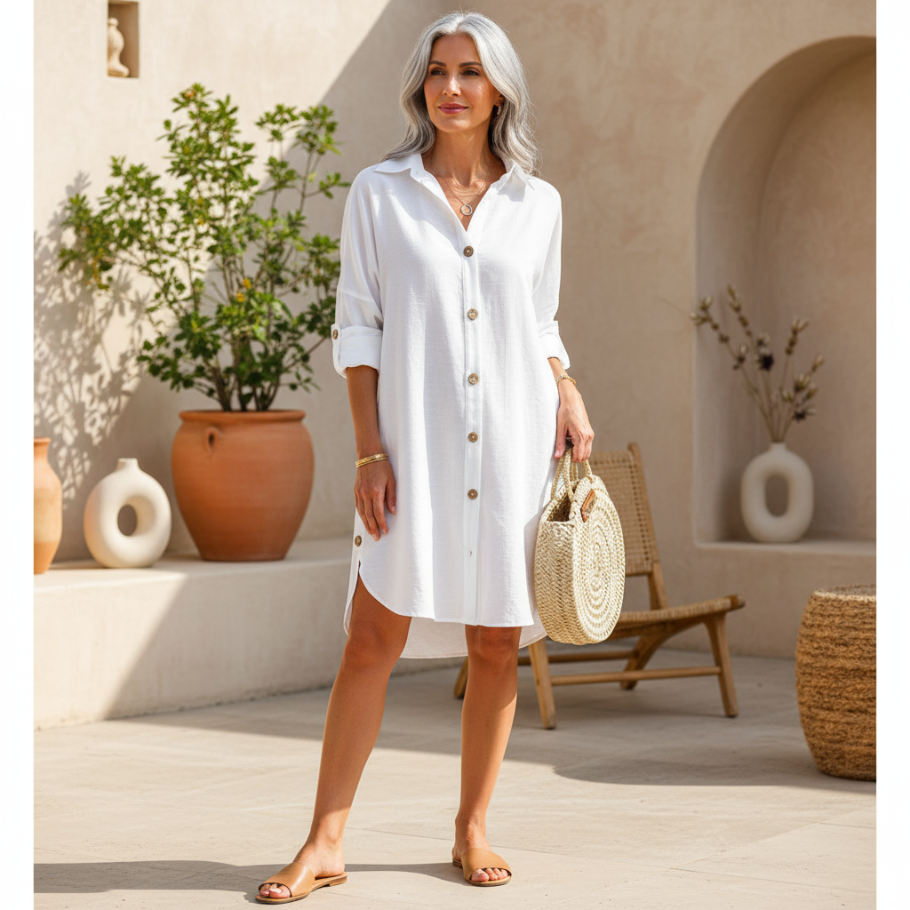 Women's casual button-down shirt dress, oversized style for comfortable summer fashion.