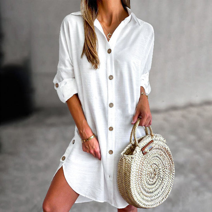 Versatile women's button-down shirt dress, perfect for day, beach, vacation wear. Lightweight comfort.