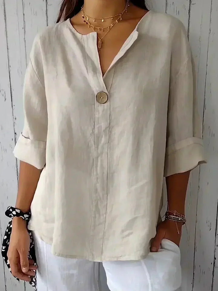 Women's casual button-front V-neck tunic blouse, 3/4 sleeve loose fit, perfect summer top for everyday wear.