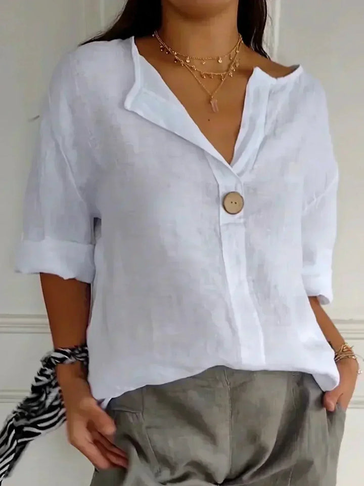 Women's summer tunic blouse, casual button-front & V-neck, 3/4 sleeves, comfortable loose fit for everyday style.