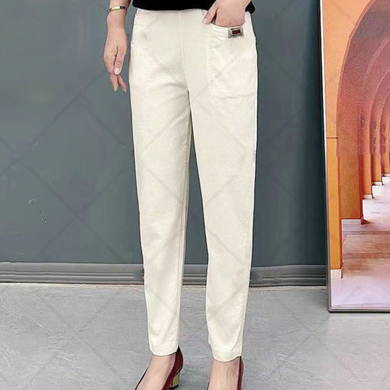 Versatile women's casual pants, cotton cropped with comfortable elastic waist design