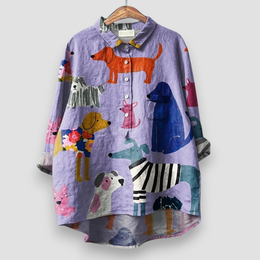 Women's casual dog print shirt, short sleeve, relaxed fit for a playful everyday summer look.