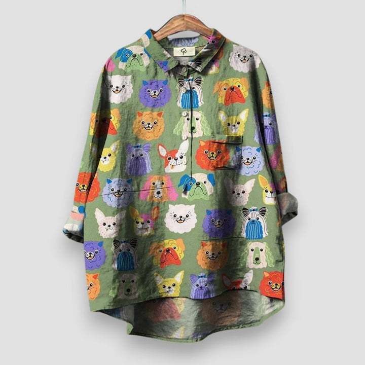 Relaxed fit women's short sleeve shirt with a fun dog print. Ideal for casual spring & summer everyday wear.