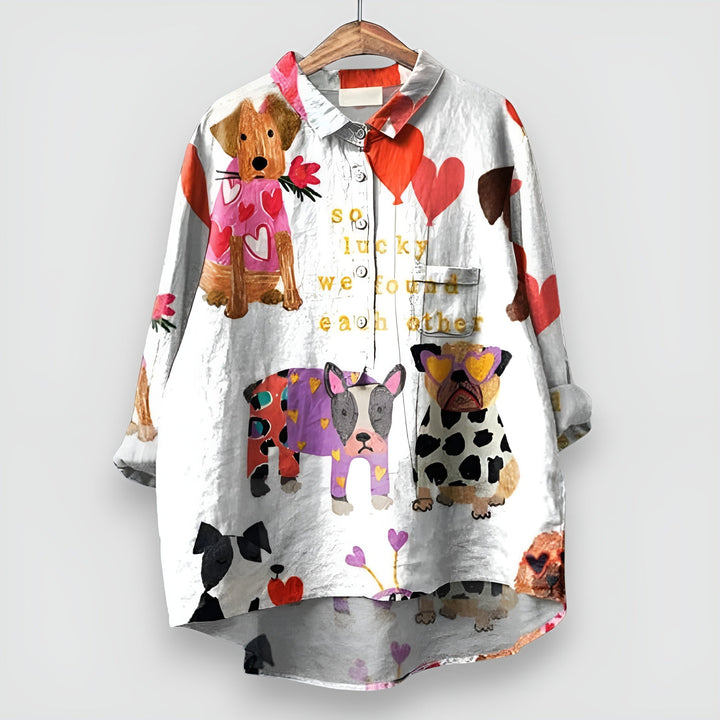 Comfortable women's relaxed fit dog print shirt, short sleeve, perfect casual blouse for spring/summer.