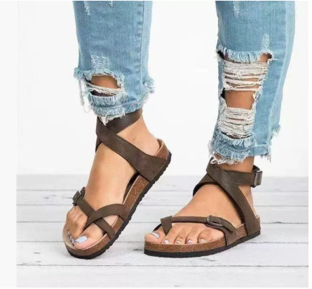 Women's casual flat brown strappy sandals, perfect comfortable footwear for spring and summer