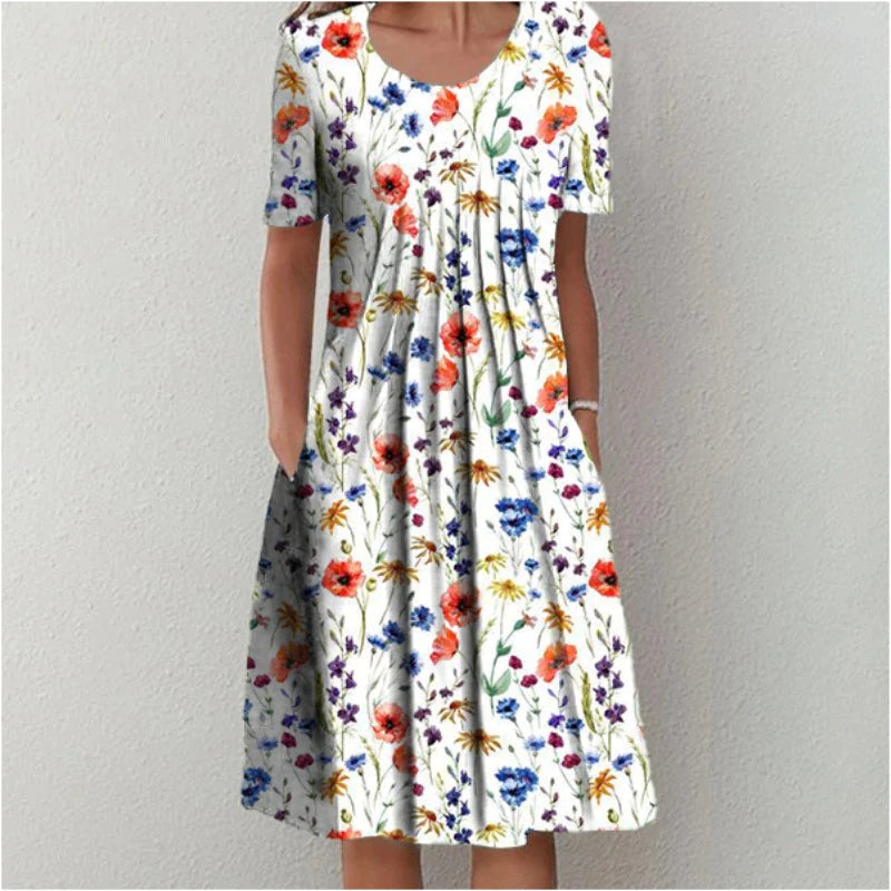 Women's casual floral short sleeve dress with convenient pockets, perfect for summer daily wear and spring fashion.