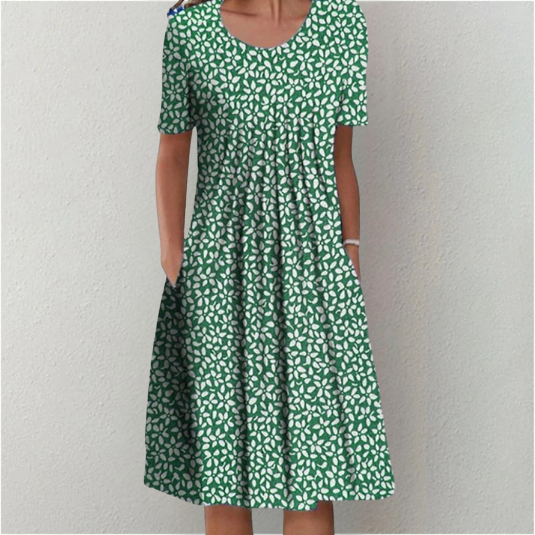 Women's casual floral short sleeve dress with pockets. Comfortable, elegant, perfect for spring and summer daily wear.