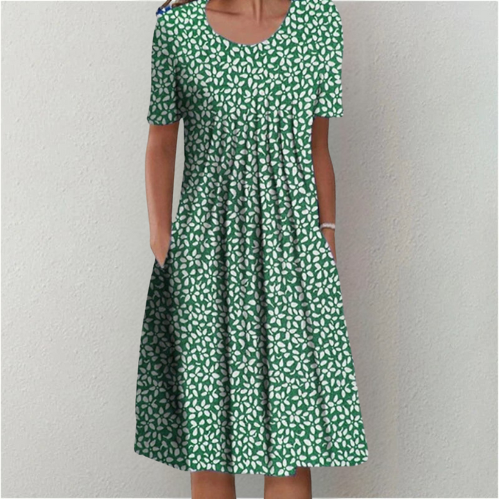 Women's casual floral short sleeve dress with pockets. Comfortable, elegant, perfect for spring and summer daily wear.