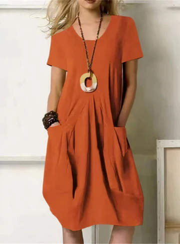 Women's casual gathered pocket midi dress with short sleeves. Perfect for summer & spring everyday wear, comfortable & relaxed fit.