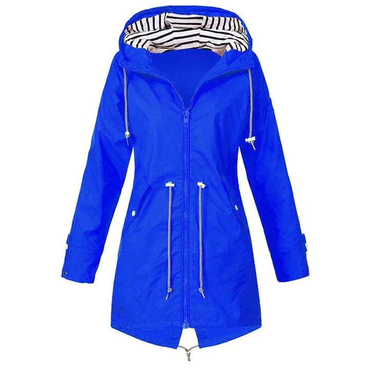 Side view of a women's casual hooded jacket with an adjustable drawstring, suitable for all seasons.