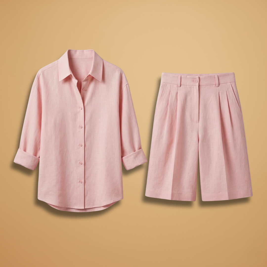 Women's casual long sleeve shirt & high waist pleated shorts set. Perfect comfortable travel outfit for summer.